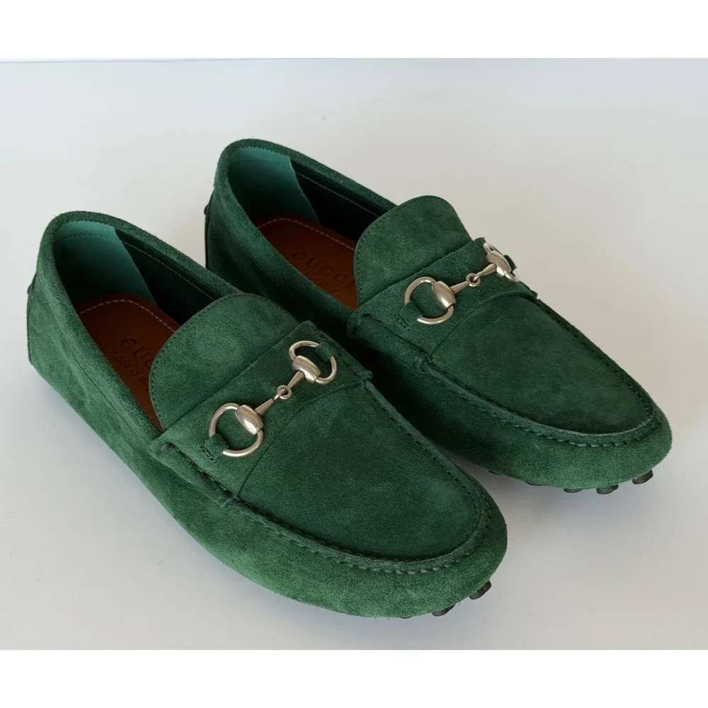 Gucci Mens Suede Horsebit Driver Loafers Shoes Green 7.5 US  display picture 2